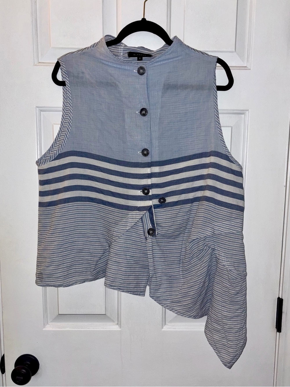 Blanque Blue Striped Asymmetrical Hem Cotton Button Up Tunic Top